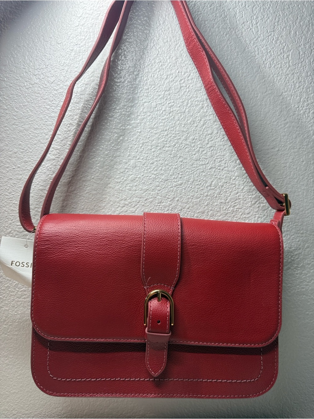Fossil Red Pebbled Leather Buckle Crossbody